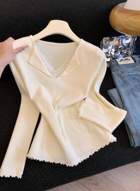 黑色蕾丝边V领正肩针织衫女2025秋冬新款内搭打底衫上衣53131