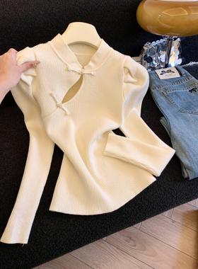 新中式复古国风盘扣毛衣女秋冬款高级感别致袖针织打底上衣50439