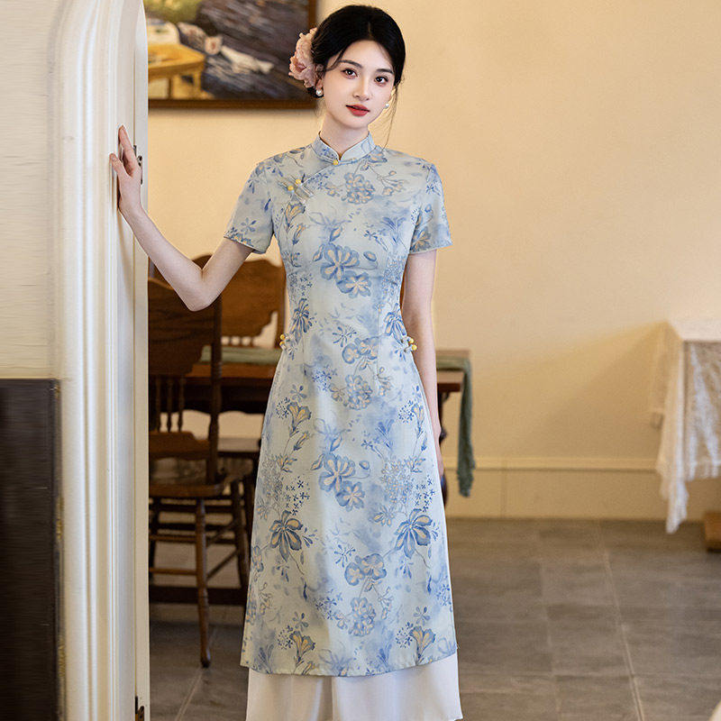 蓝色国风新中式苏州旗袍改良年轻款2026新款女高级感连衣裙春夏季