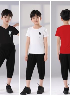 男童舞蹈练功服儿童夏季短袖舞蹈衣裤少儿拉丁舞服练习套装黑白色