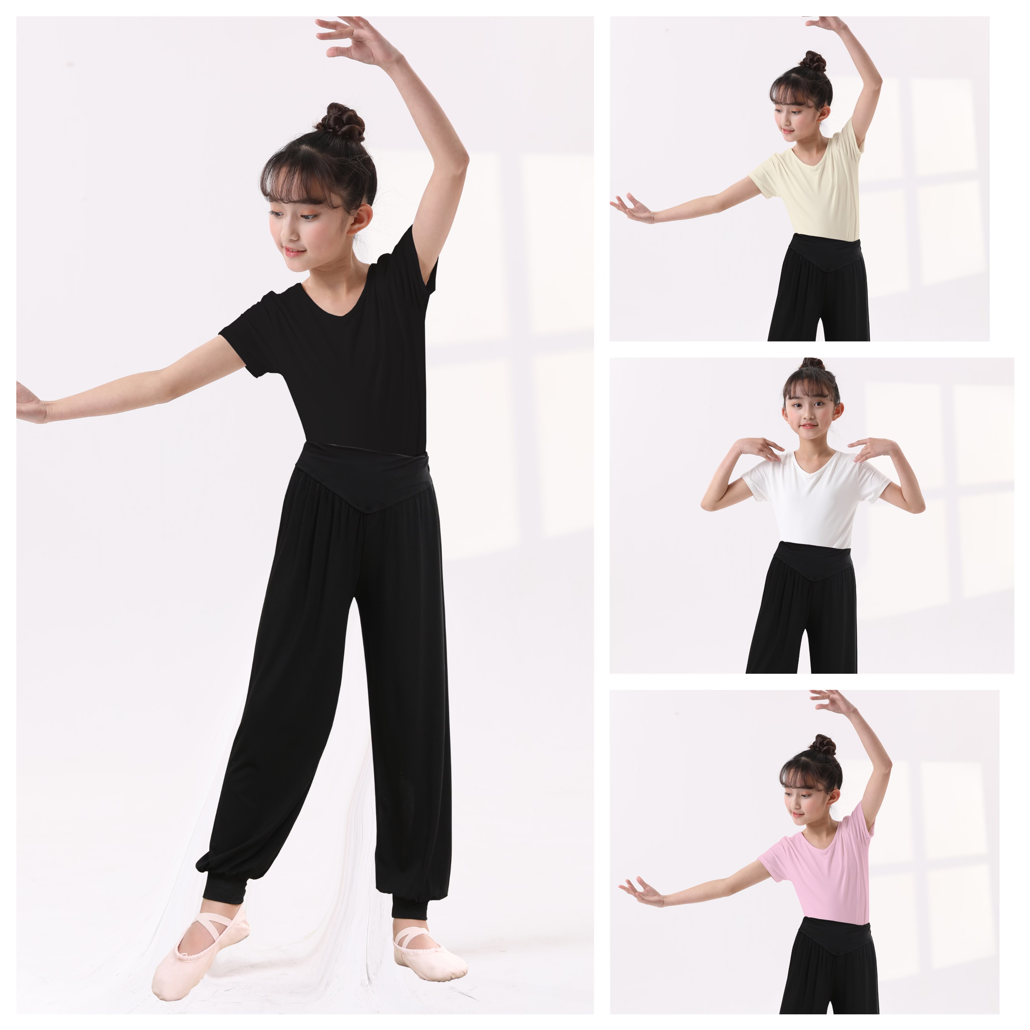 儿童舞蹈上衣女孩跳舞衣服短袖莫代尔薄款幼儿练功服中国舞服装黑