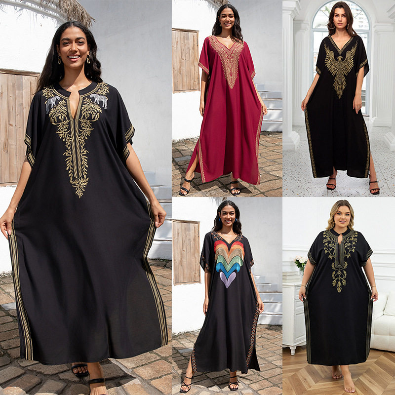 跨境新款防晒棉绣花宽松度假沙滩连衣长裙女比基尼泳衣外搭罩衫女