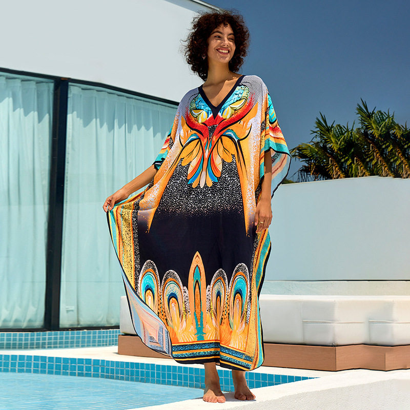 跨境欧美度假新款防晒棉印花沙滩宽松长袍比基尼罩衫外搭连衣裙女