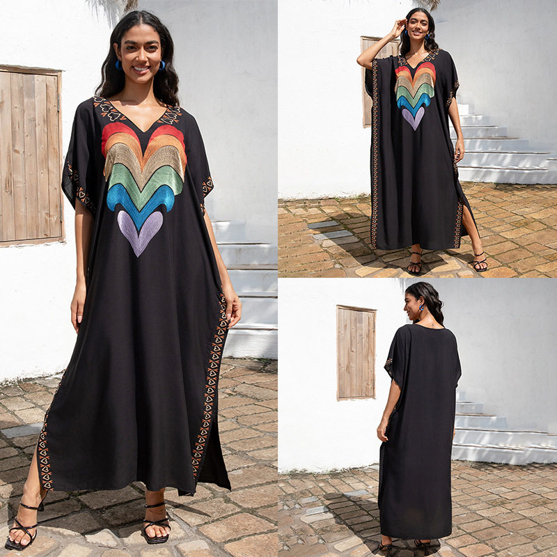 欧美人棉刺绣度假宽松大码长裙沙滩外套连衣裙比基尼罩衫防晒衣女