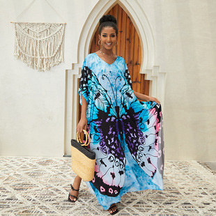 外贸新款 泳衣外搭女长袍长裙女 欧美棉印花沙滩宽松度假比基尼罩衫