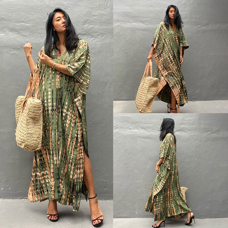 外贸新款欧美防晒人棉沙滩连衣长裙宽松长袍比基尼泳衣外搭罩衫女