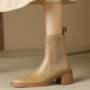 毛线筒短靴女真皮中跟粗跟弹力袜瘦瘦靴软皮马丁靴2024秋冬新5CM