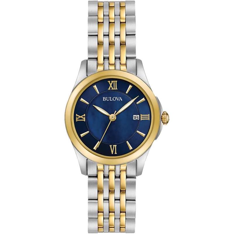 代购BULOVA宝路华女士腕表日期夜光防刮石英钢带双色防水蓝盘