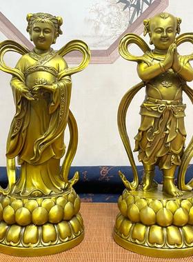 纯铜金童玉女童男童女摆件观音菩萨随从佛像善财童子龙女像一对