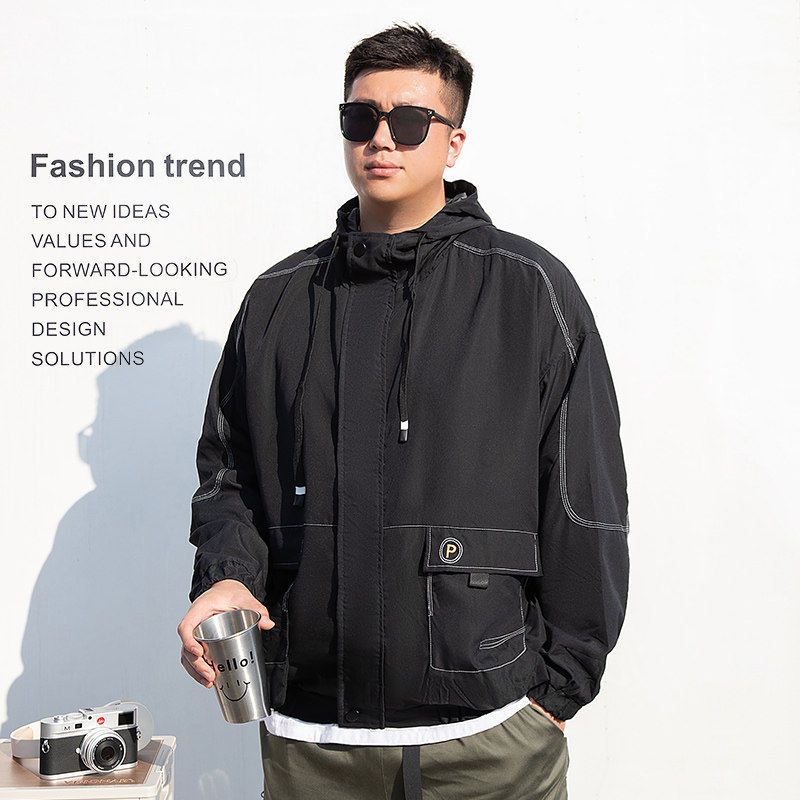 纺布者潮牌大码男装春秋休闲宽松夹克男胖子加肥加大拼接连帽外套