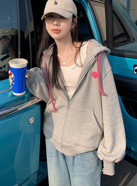 100棉BF慵懒风休闲卫衣女新款设计感宽松连帽开衫外套