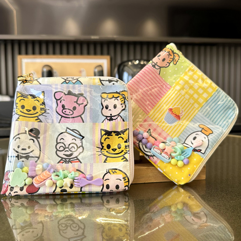 日系可爱小女孩男孩卡通印花流沙零钱钥匙卡包 L型拉链收纳小包