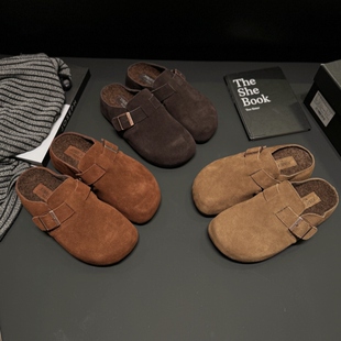 一脚蹬欧美包头拖鞋女25秋冬真皮加绒毛毛鞋厚底勃肯鞋青年穆勒鞋