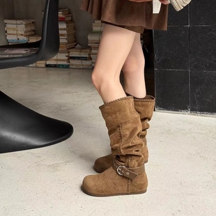 街头ins风绒面高筒靴2025秋冬皮带扣瘦腿靴内增高西部靴青年靴子
