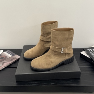 欧美绒面方跟短靴女2025秋冬皮带扣套筒西部靴时尚 青年马丁靴子潮