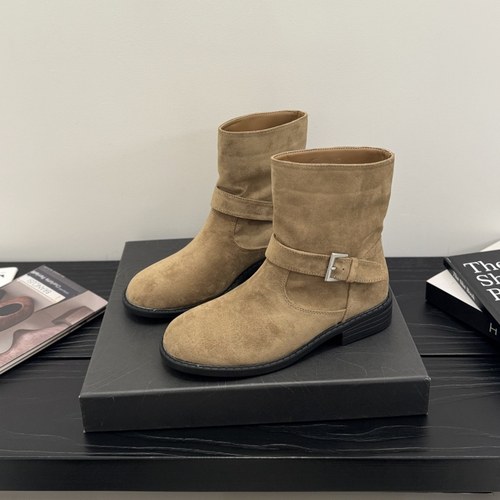 套筒皮带扣方跟西部绒面短靴