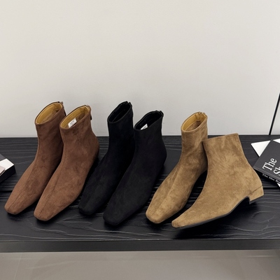 韩版方头绒面瘦瘦短靴