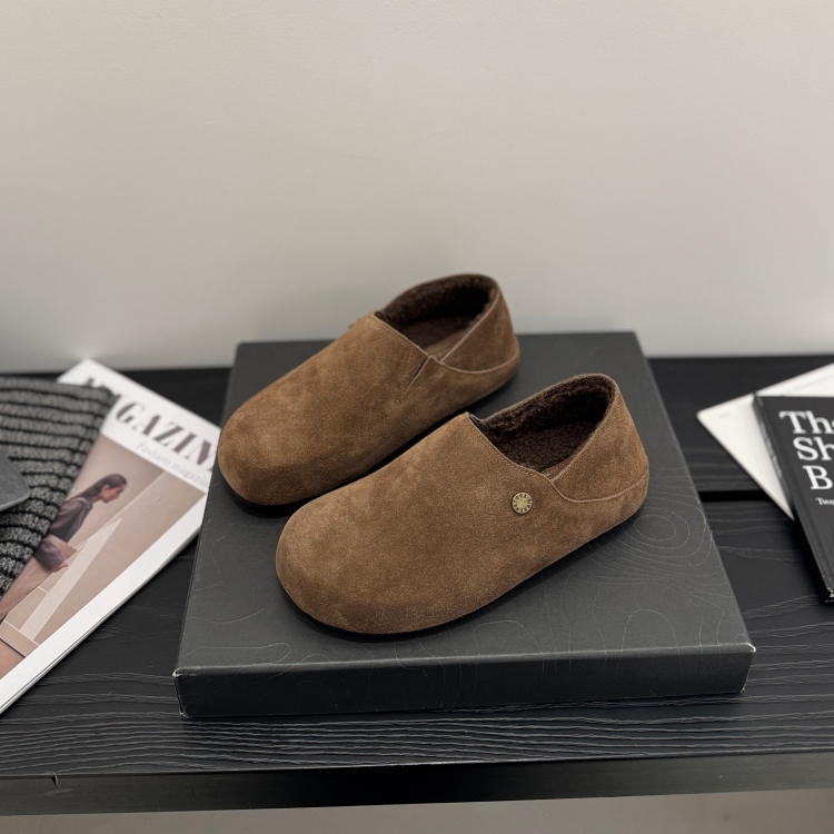 磨砂皮内增高勃肯鞋2025冬加绒毛毛鞋一脚蹬真皮乐福鞋青年土豆鞋