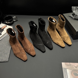 韩版 内增高绒面短靴女2025秋冬方头缝线瘦瘦靴后拉链青年气质靴子