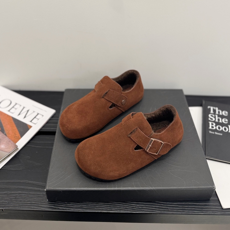 保暖~一脚蹬加绒真皮勃肯鞋