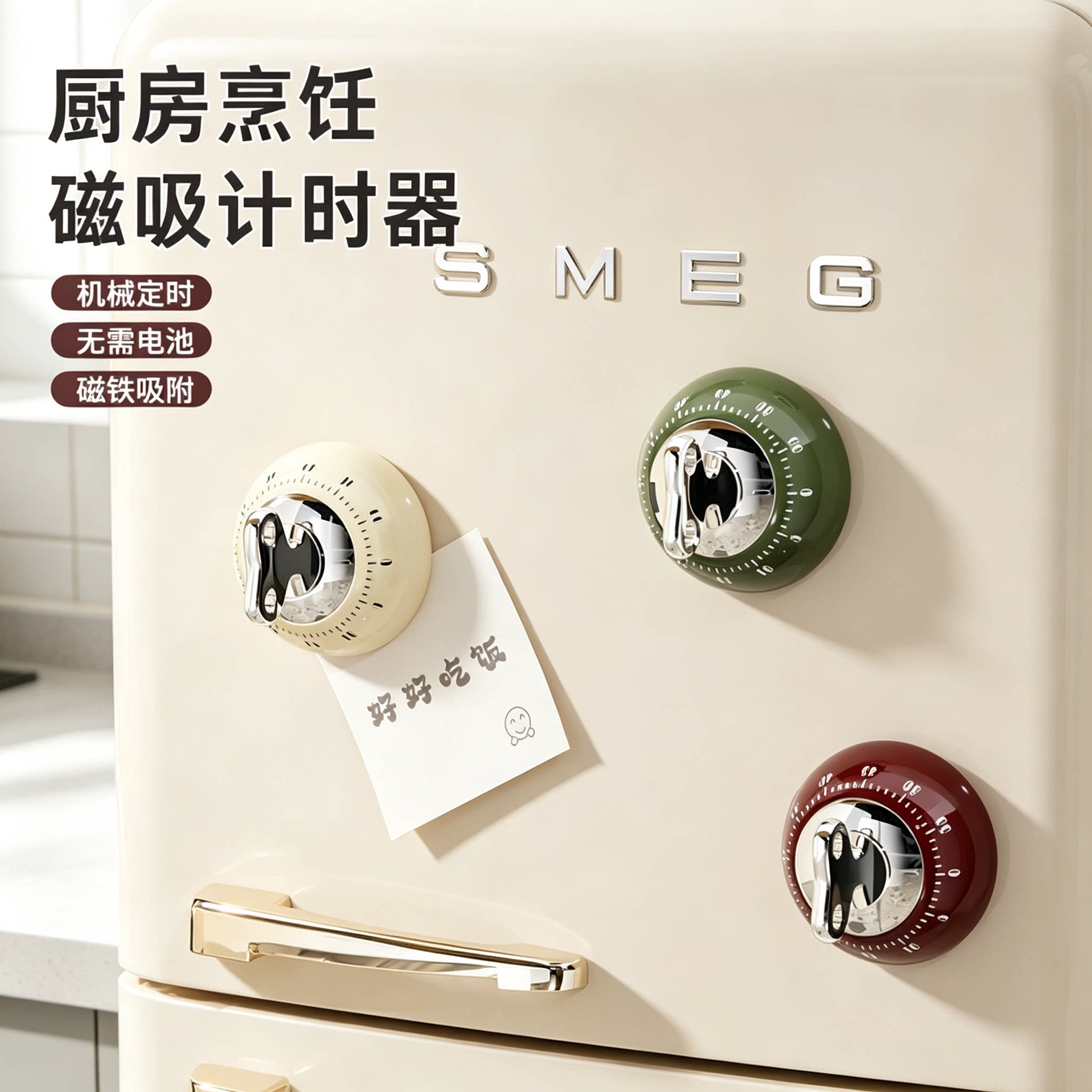复古机械磁吸厨房计时器无需电池冰箱吸附烹饪提醒家用定时小工具