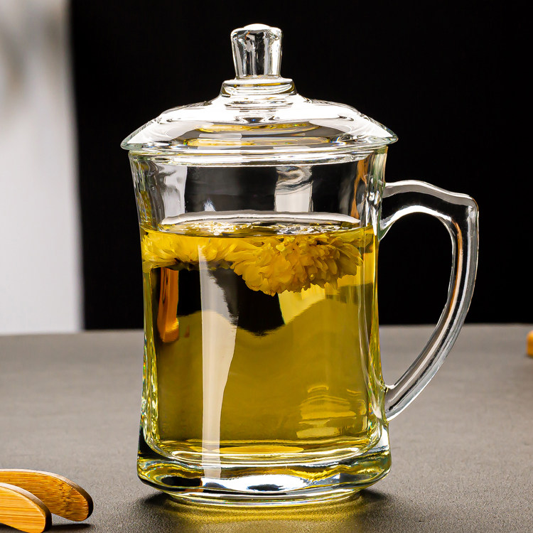 青大容量家用带把玻璃杯喝水苹果杯子泡茶杯办公室有盖男女士水杯