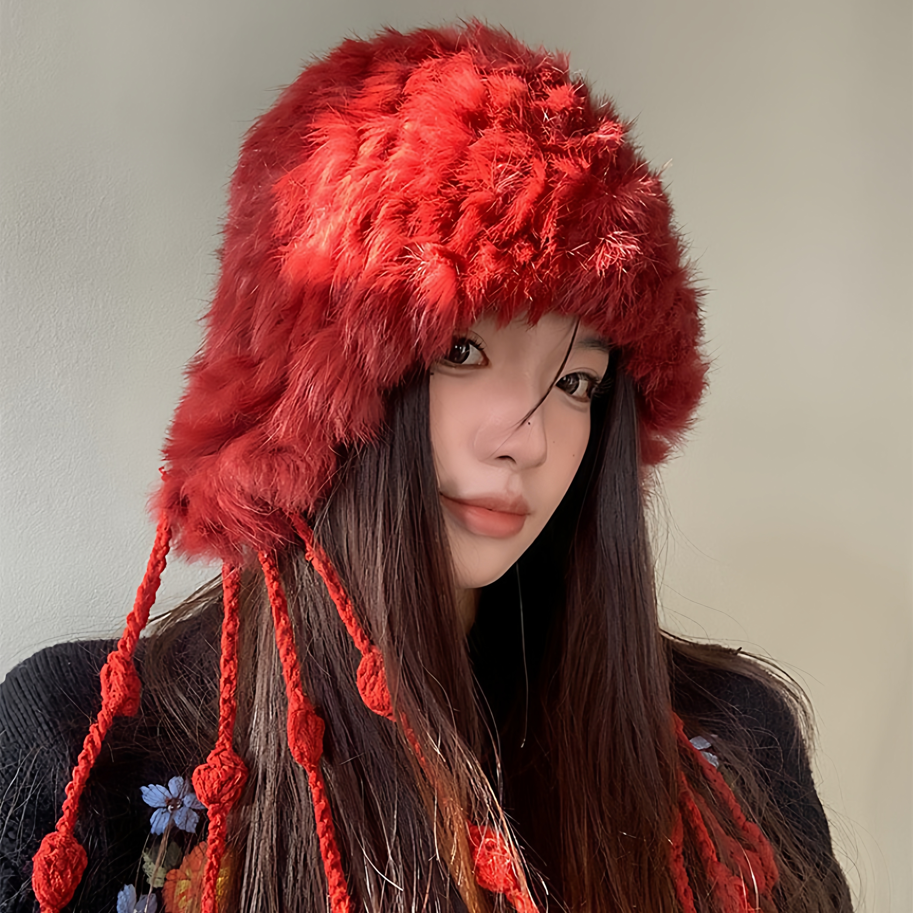 加厚毛绒绒针织真兔毛帽子女秋冬防寒毛线流苏显脸小大头围包头帽