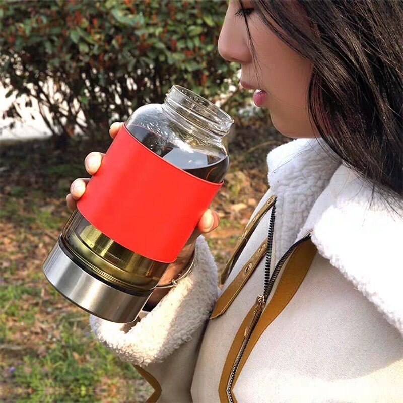 大容量玻璃杯带吸管茶水水分离泡茶杯耐高温户外车载水瓶便携杯子