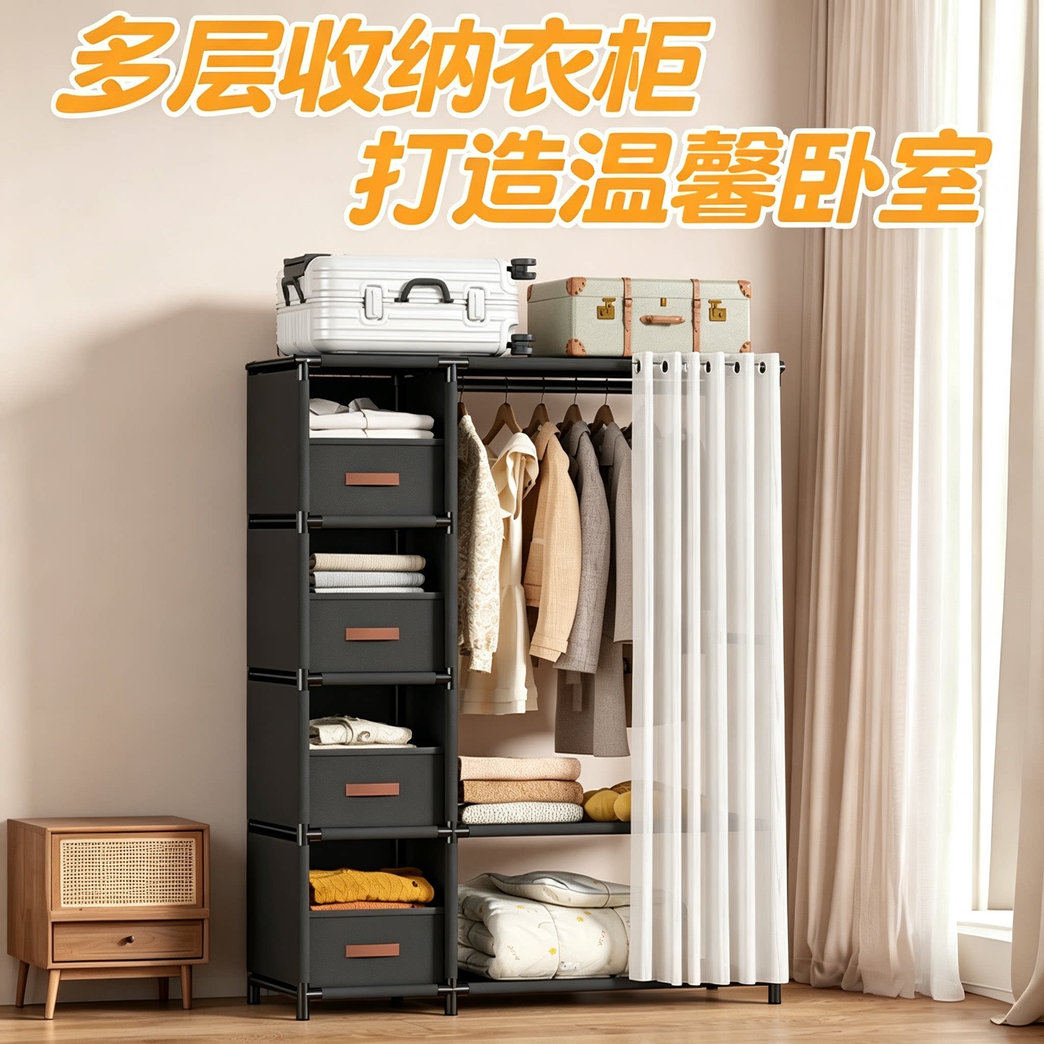 简易多层收纳衣柜带抽屉家用卧室防尘挂衣钢架布衣橱