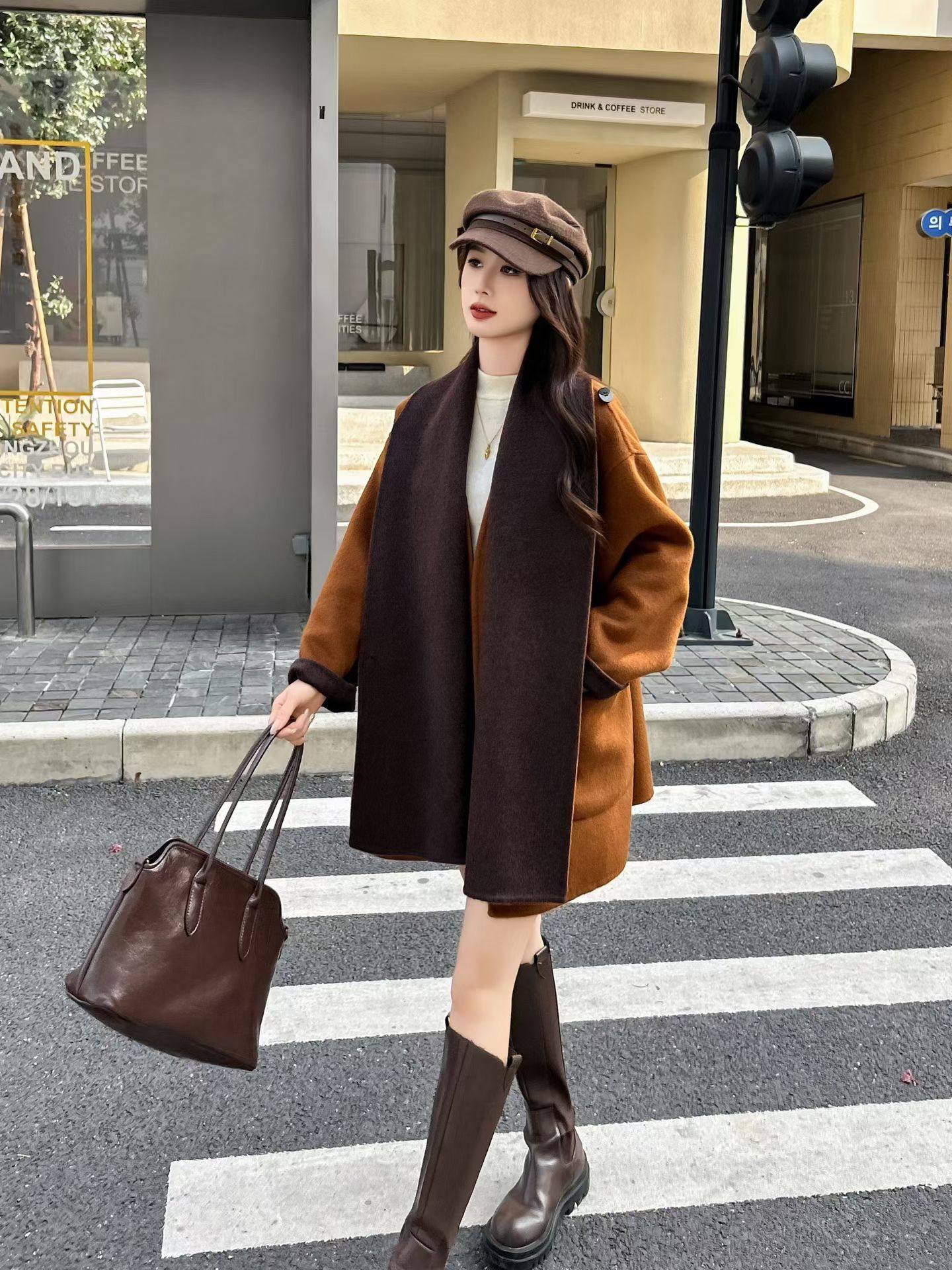 【源头工厂店】秋冬新款大围巾羊绒大衣女中长款羊毛呢子大衣