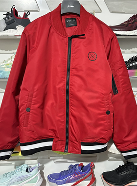 李宁棉夹克男士韦德系列棒球领大红色保暖宽松时尚运动上衣外套