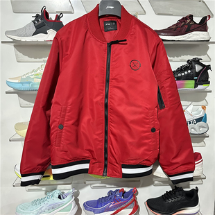 李宁棉夹克男士韦德系列棒球领大红色保暖宽松时尚运动上衣外套