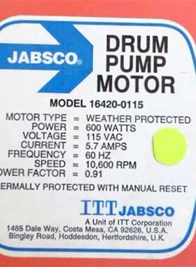 可维修Jabsco 16420-0115 赛莱默全新电动桶泵议价