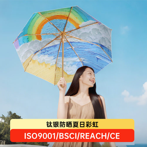 8骨手开油墨画三折钛银胶防晒遮阳太阳伞女个性可定制实木晴雨伞