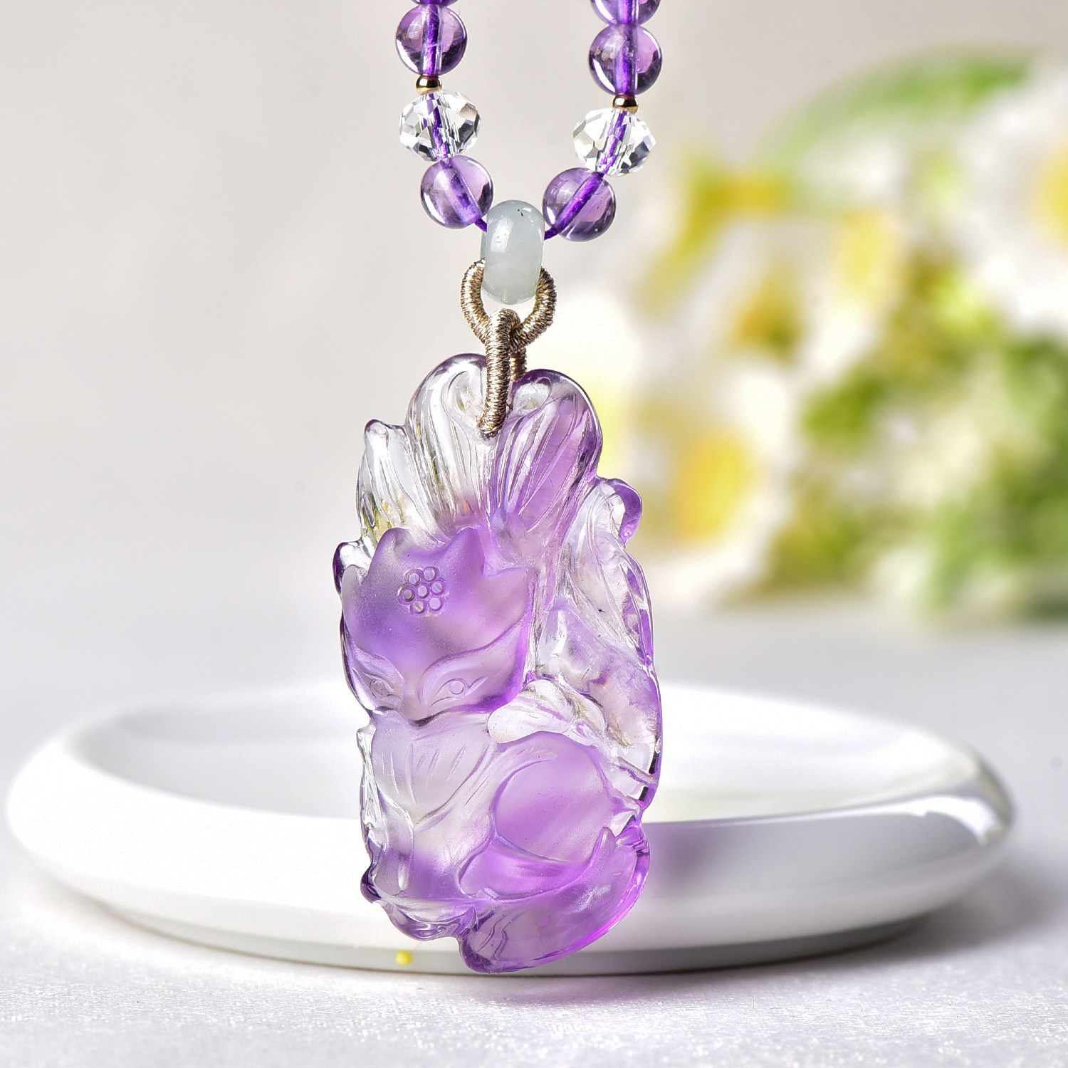 新款现货天然紫水晶九尾狐小吊坠手工精雕立体可爱紫晶狐狸项链