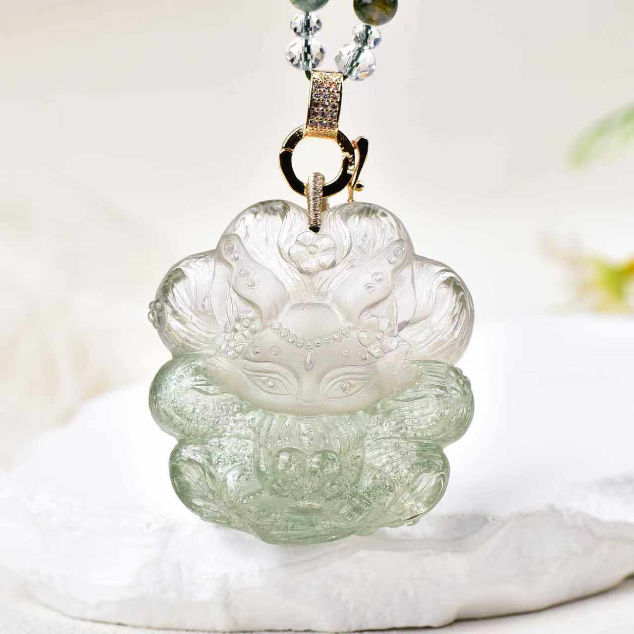 新款现货天然绿幽灵九尾狐大吊坠精致立体幽灵水晶萌狐狸毛衣链