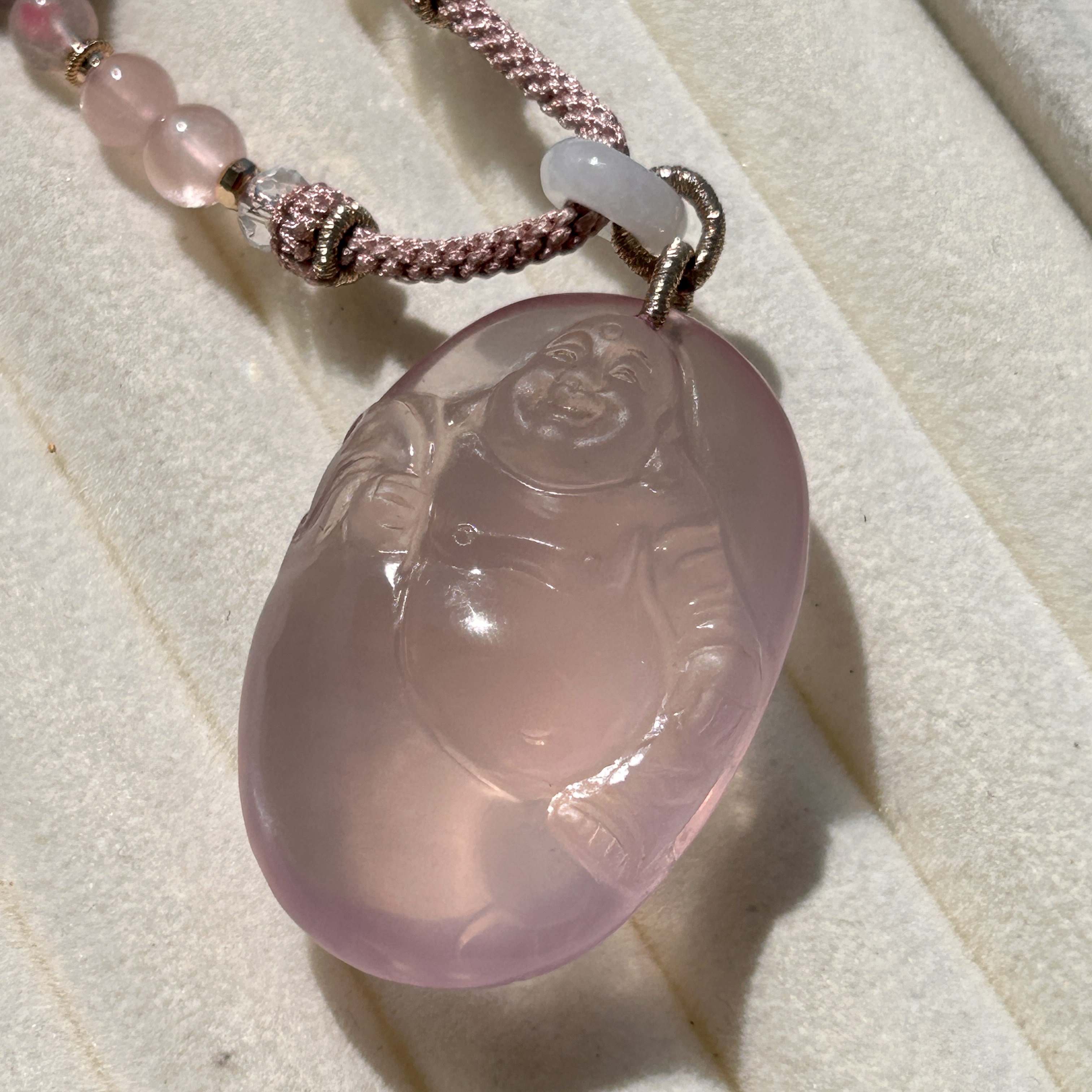 天然莫桑比克星光粉水晶弥勒佛大吊坠精致立体粉晶佛原创设计女生
