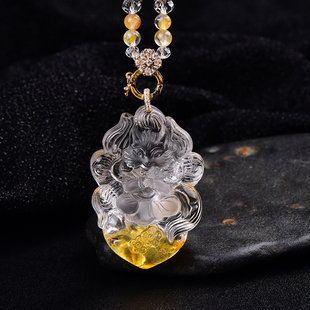 天然巴西黄胶花九尾狐吊坠手工精雕精品全净体胶花水晶狐狸项链