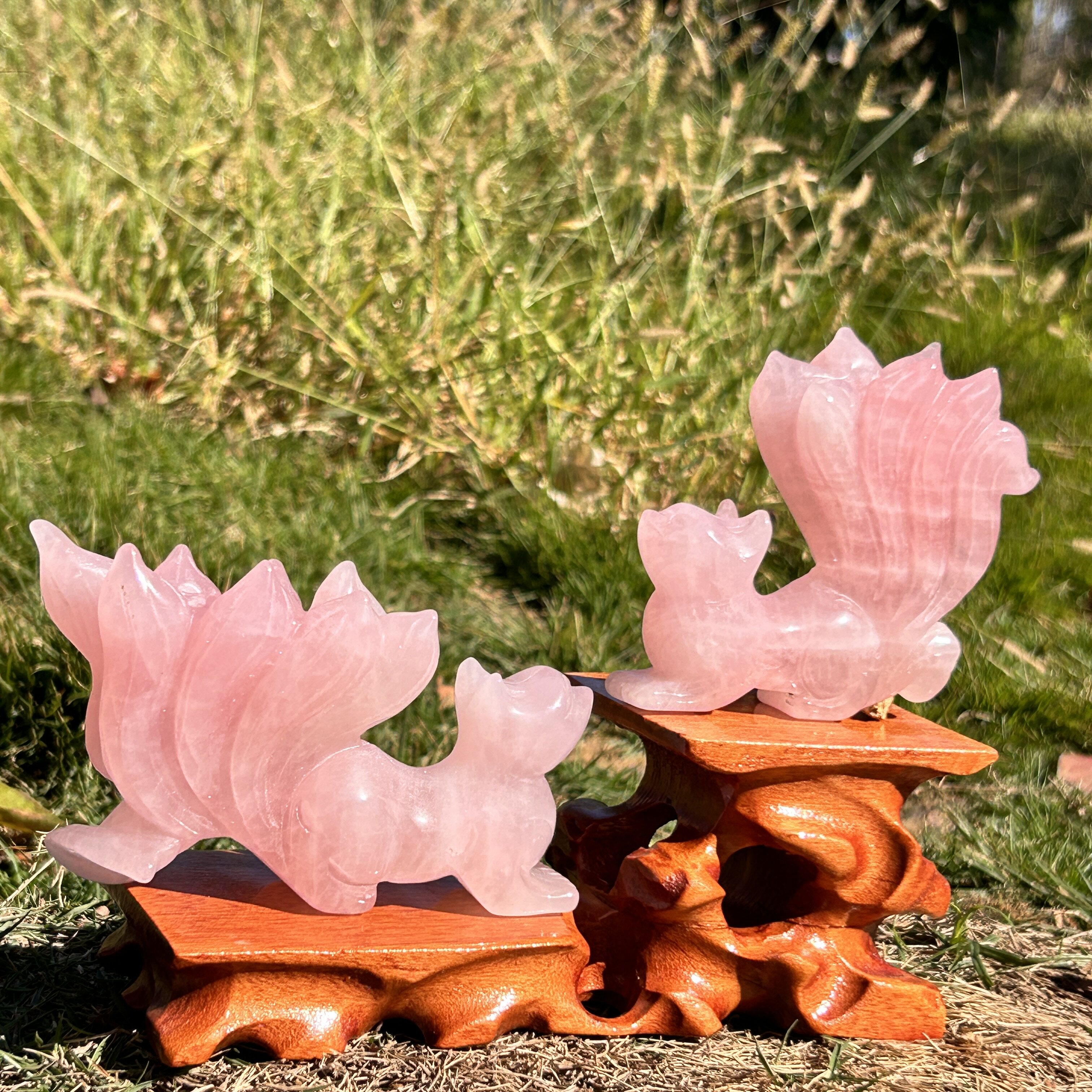 天然粉水晶九尾狐摆件手工雕刻立体可爱一对粉晶狐狸原创设计摆件