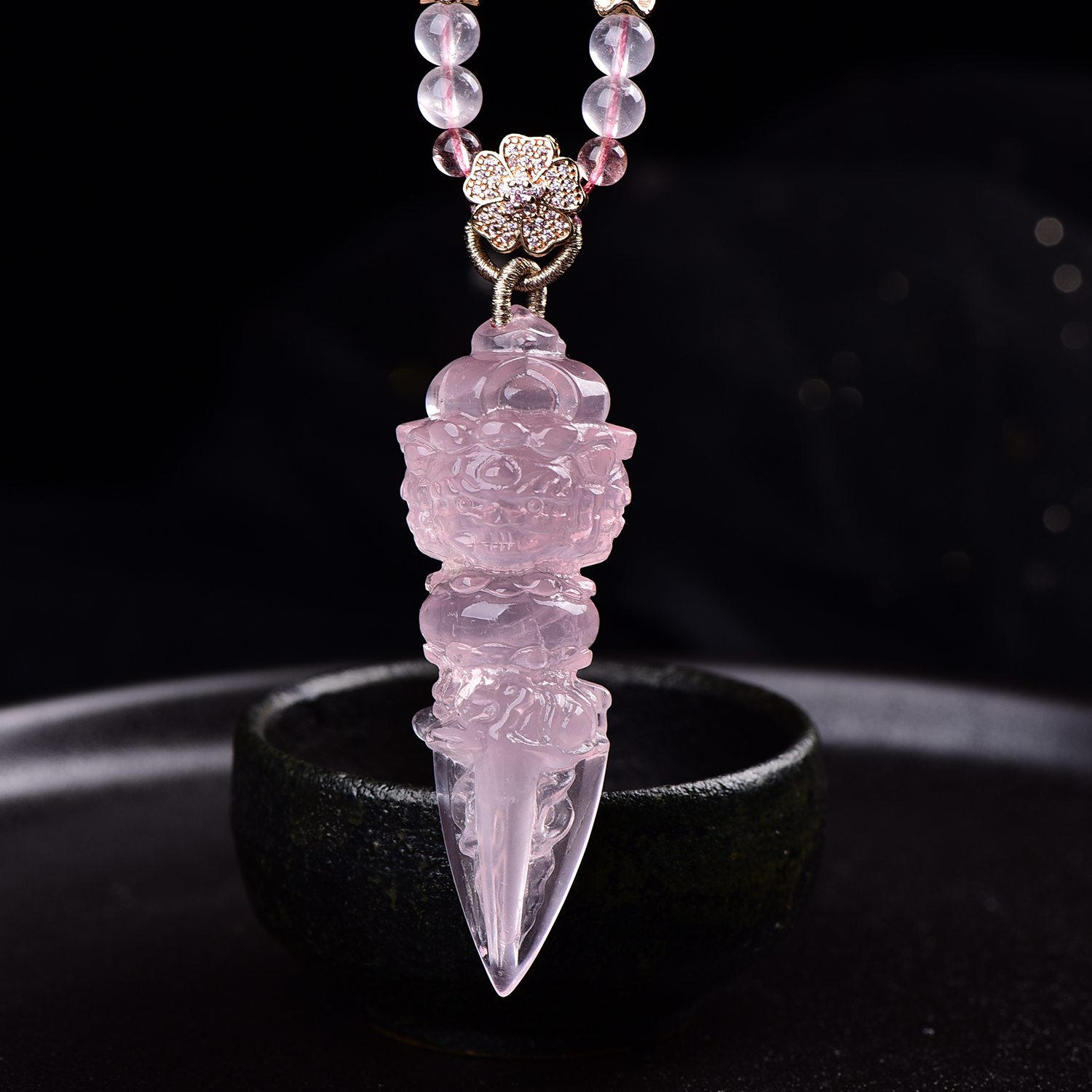 新款现货天然粉水晶金刚杵吊坠精致精品粉晶金刚降魔杵女生项链