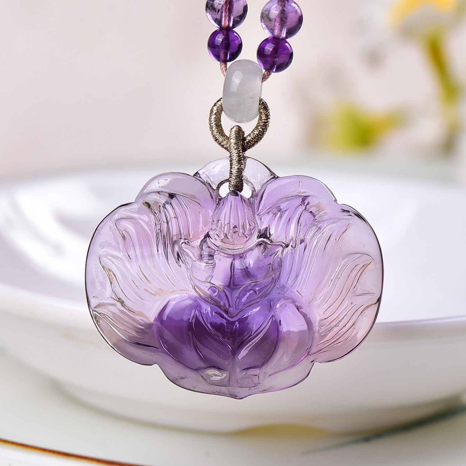 新款现货天然紫水晶九尾狐小吊坠精致可爱如意锁紫晶狐狸项链