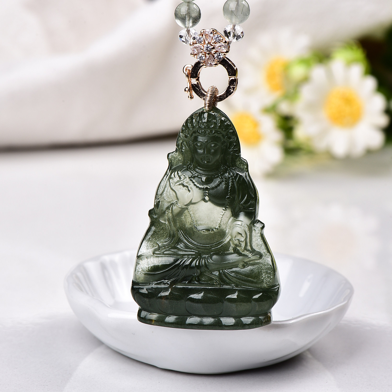 天然绿幽灵观音吊坠手工精雕精致立体幽灵水晶观世音项链