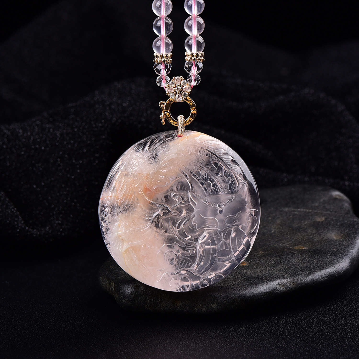 天然粉幽灵九尾狐吊坠手干净度粉晶雪花幽灵水晶凤凰狐狸毛衣链