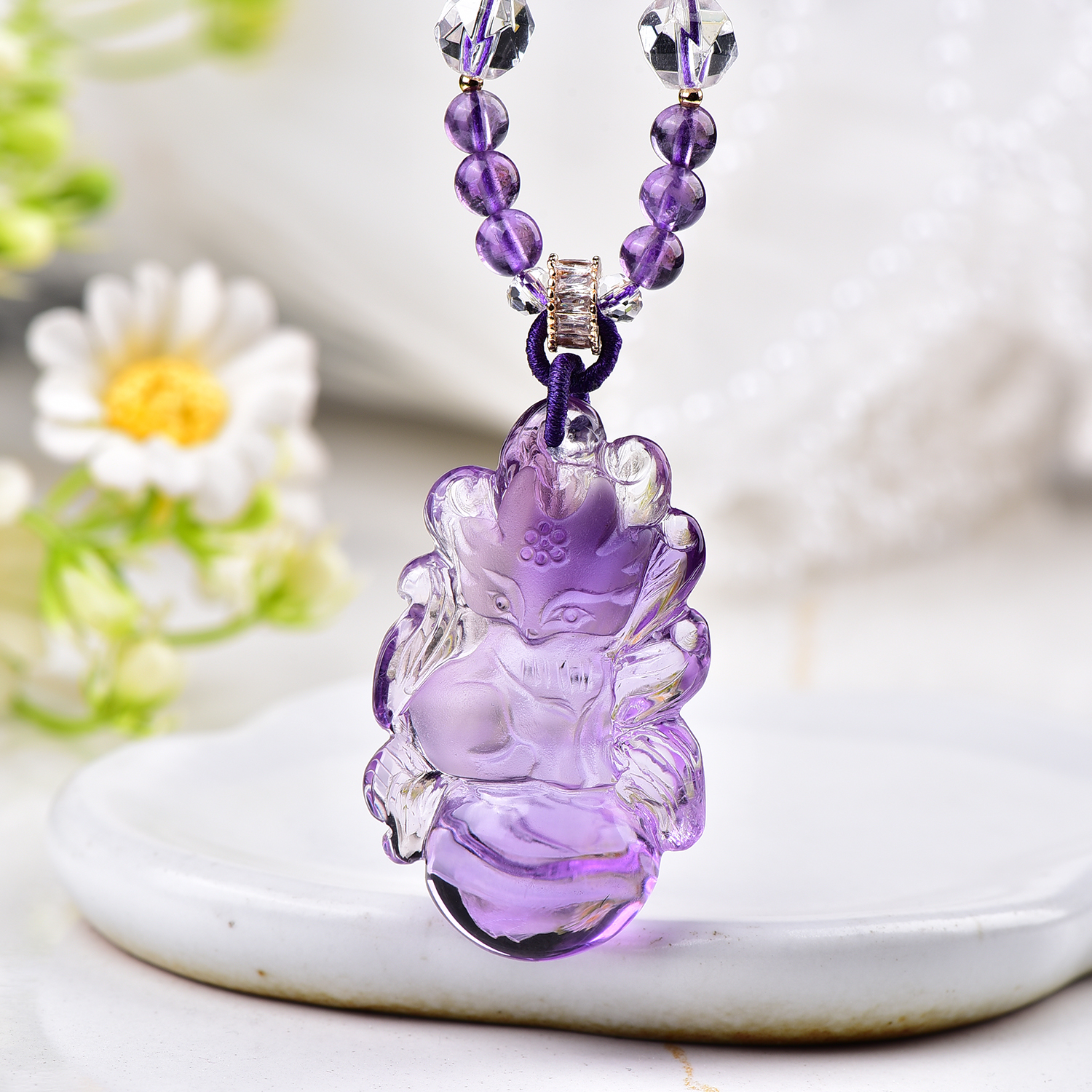 天然紫水晶九尾狐吊坠手工雕刻立体可爱紫晶狐狸原创设计项链