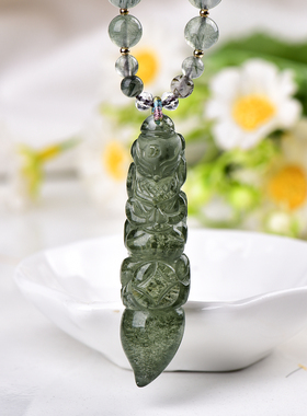 天然绿幽灵九尾狐吊坠手工精雕幽灵水晶文昌笔狐狸原创设计项链