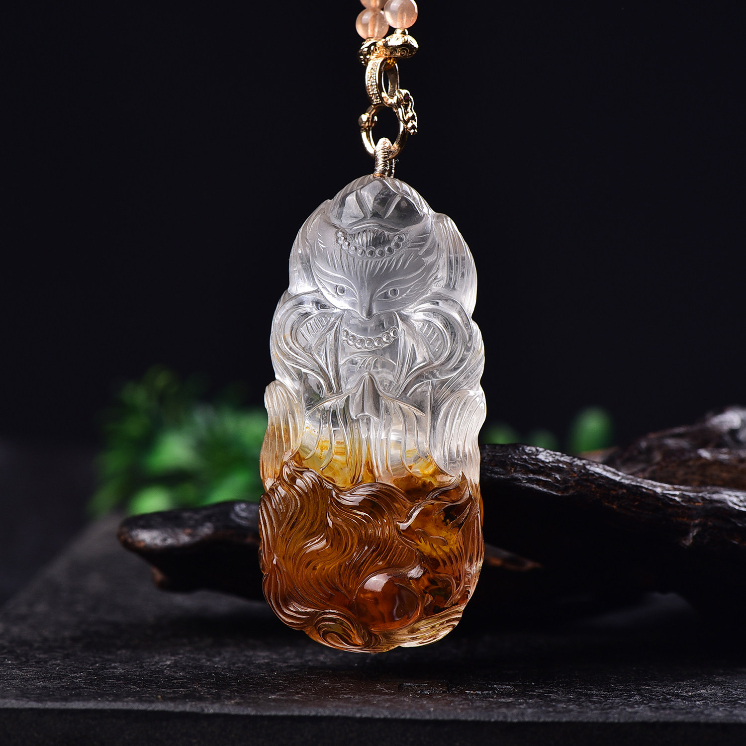 新款现货天然黄胶花九尾狐大吊坠手工精雕立体水晶双狐狸毛衣链