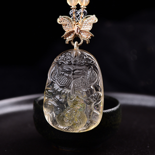 天然黄胶花五xian九尾狐大吊坠手工精雕七彩胶花狐黄白柳灰水晶