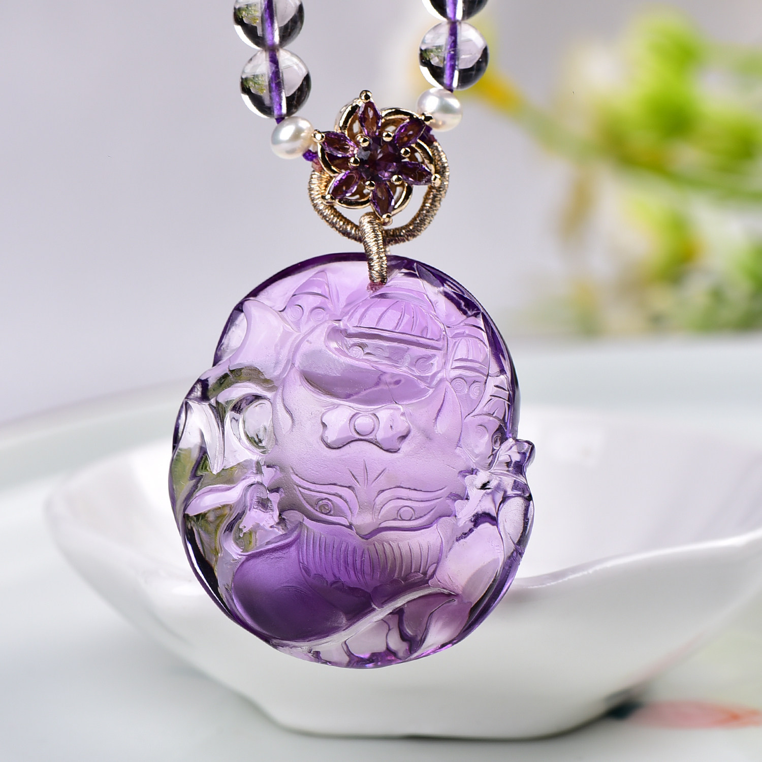 新款现货天然紫水晶九尾狐吊坠手工精雕精致立体可爱紫晶狐狸项链