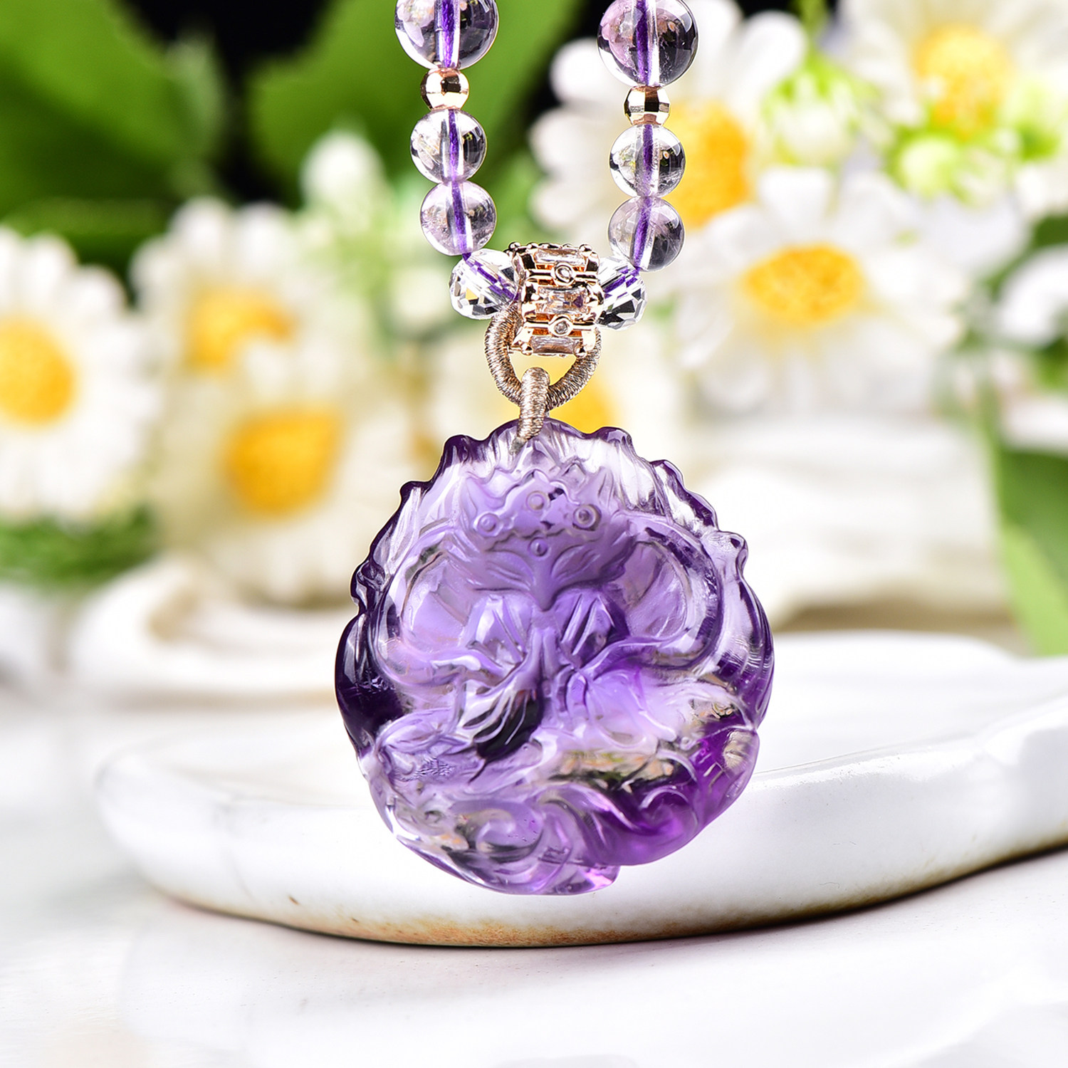 天然巴西紫水晶九尾狐吊坠精致立体可爱紫晶双狐狸原创设计项链