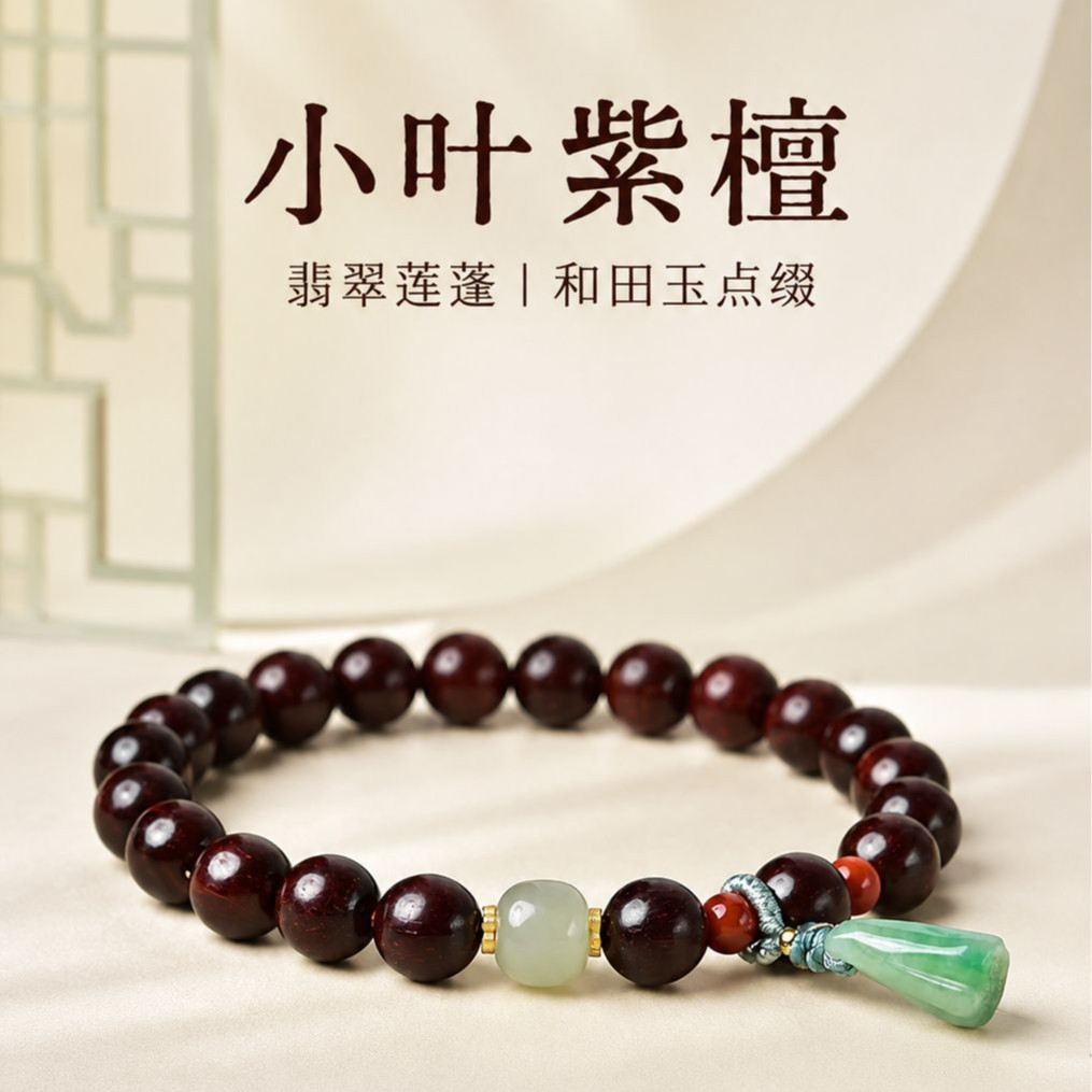 小叶紫檀手串女东海水晶玉石和田玉莲蓬散珠子南红翡翠手链